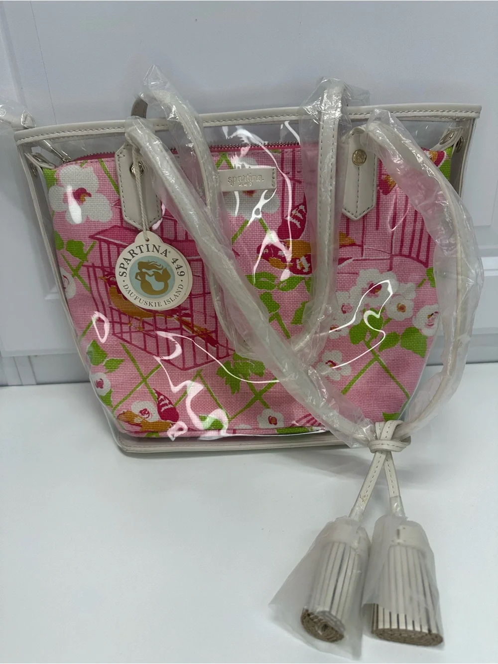 Spartina 449 Pink Floral Clear Tote with Cream Trim
